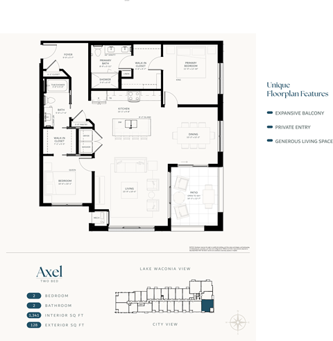 Floor plan for 2 beds, 2 baths, 1341 sqft